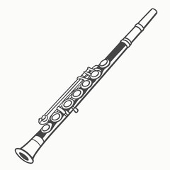 Detailed line art illustration of a silver metal concert flute with keys and a bell on a white background