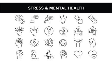 Collection of icons representing stress and mental health concepts