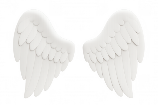 Pristine white feathered wings floating against transparent backdrop, embodying celestial grace and spiritual symbolism