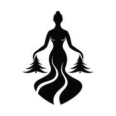 Silhouette of a woman in a flowing dress holding two christmas trees