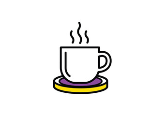 Simple line art coffee cup on a purple coaster with steam
