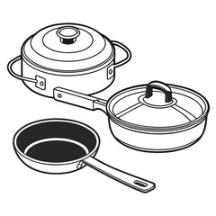 Set of three kitchen cooking pots and pans with lids and handles isolated on white background in line art style