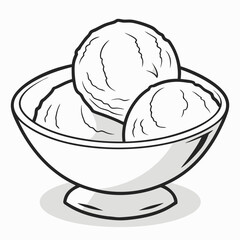 Simple black and white illustration of three scoops of ice cream in a serving bowl on a white background