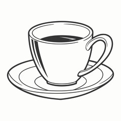 Simple black and white line art illustration of a coffee cup and saucer filled with dark liquid
