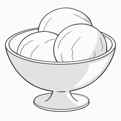 Simple black and white illustration of three scoops of ice cream in a classic glass sundae dish