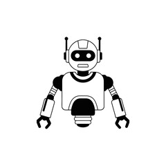 Simple black and white illustration of a futuristic robot.