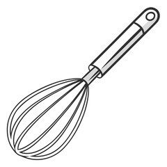 Fototapeta premium Simple line art illustration of a kitchen whisk with a gray handle and metal loops on a white background
