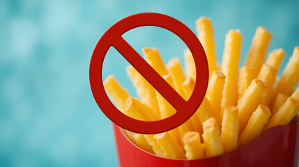 fast food, low carb diet, fattening and unhealthy eating concept - close up of french fries behind no symbol or circle-backslash prohibition sign