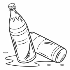 Two crumpled plastic drink bottles lying on their side with spilled liquid in a simple line art drawing