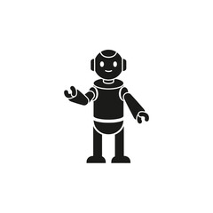 Friendly robot icon, standing and gesturing, simple design.