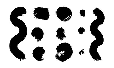 Grunge vector set of isolated brush shapes in black. Rough retro strokes with zig zag, circle, wave, curly swash forms. Ideal for graffiti logo design, splash art, banner, collage or mosaic textures.