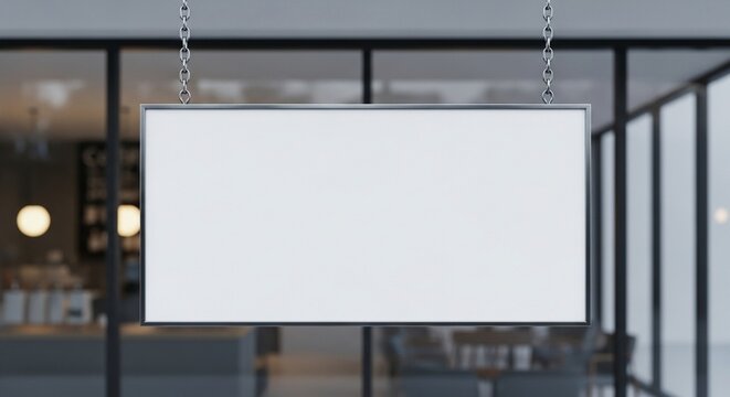 Horizontal white hanging sign Mockup suspended on chains in a modern cafe. A blank billboard template for branding and advertising