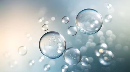Floating Bubbles on Light Blue Background with Soft Bokeh Glow
