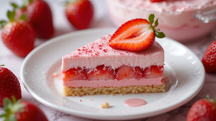 Exquisite Strawberry Dessert: A delectable strawberry dessert composition with a slice of sweet strawberries. A tempting culinary delight that pleases the eye and tantalizes the taste buds.