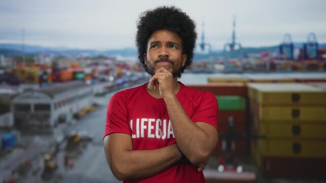 Lifeguard man with crossed arms stands thoughtfully at a port with boats in the background, suggesting a seaside outdoor setting on a cloudy day.