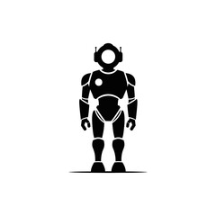 A black and white illustration of a standing robot with a rounded head, visible arms, and legs.