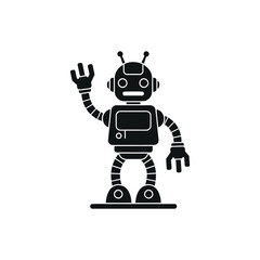 A black silhouette icon of a friendly, classic robot waving its hand on a white background.