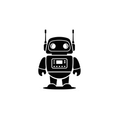 A friendly, retro-style black robot icon with two antennas and a digital display on its chest, standing on a white background.