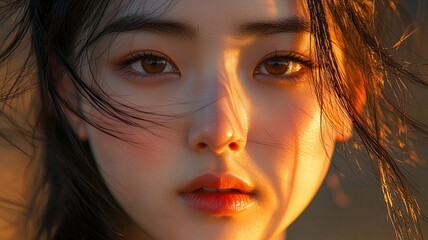 Cinematic close up of woman's face in sunset light
