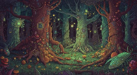 Obraz premium an illustration of a forest filled with mushrooms