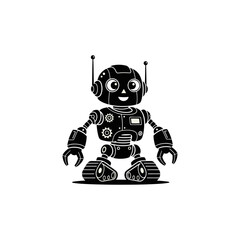 A friendly black cartoon robot with big eyes, a smile, and tank treads, isolated on a white background.