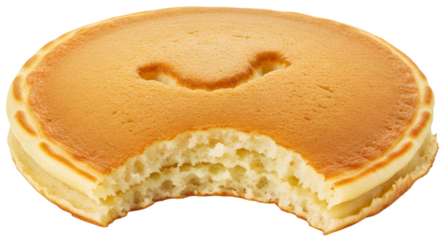 Deliciously fluffy pancake with a bite taken out, showcasing its soft texture and golden color