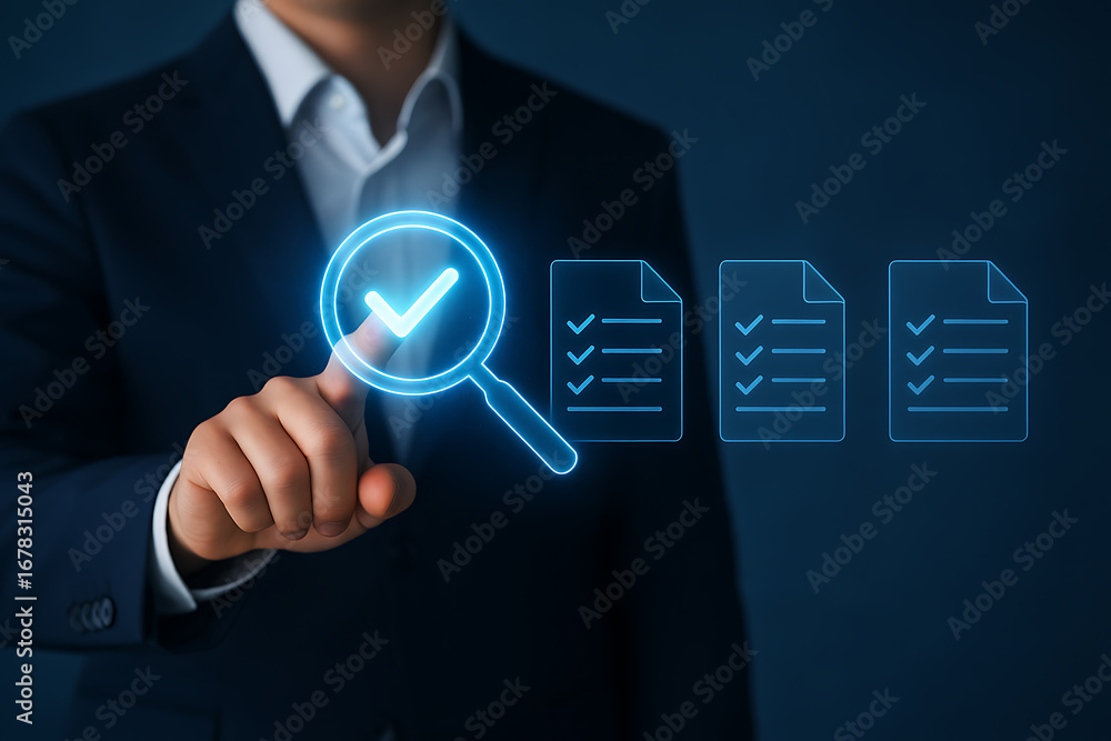 Poster a businessman points at a glowing magnifying glass with a check mark and multiple digital checklists
