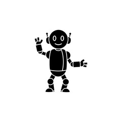 A black silhouette of a friendly robot waving its arm, smiling, and standing upright.