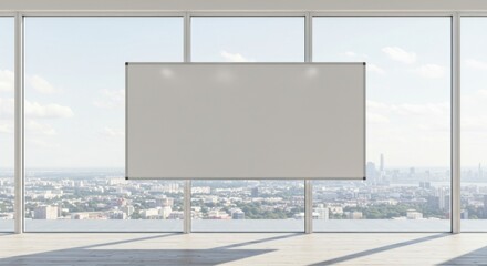 A blank whiteboard hangs in front of a large window with a cityscape view, illuminated by spotlights.