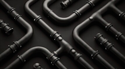 Intricate network of black pipes on a dark background.