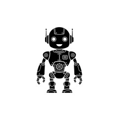 A friendly cartoon robot silhouette standing with antennas and mechanical details.