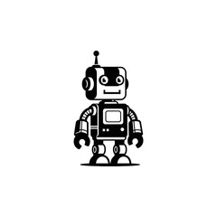 A friendly, black and white robot stands upright, featuring a screen and antenna.