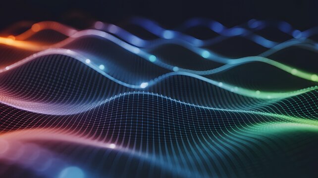 Dynamic, colorful waveforms with glowing lines and grid patterns against a dark background
