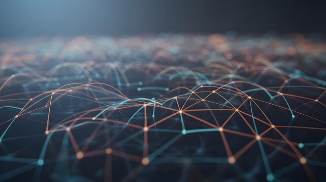 A vibrant network of interconnected nodes glowing with orange and teal hues against a dark background