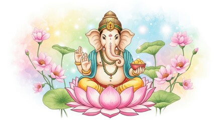 Ganesha Sitting on a Lotus Flower with Flowers Hindu god