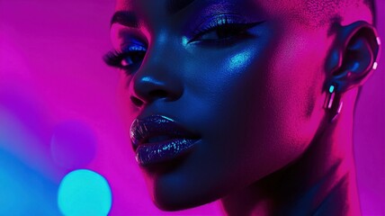 Close up side profile of bald Black woman with glowing magenta and blue light