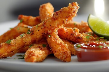 Seasoned sweet potato fries with lime wedge and ketchup on parchment paper
