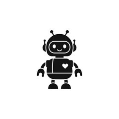Friendly cartoon robot, simple design, black silhouette, heart emblem.