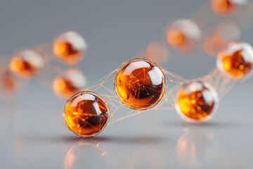 orange glossy spheres connected by thin glowing lines, forming abstract 3d molecular network on soft grey background, clean futuristic digital structure for tech or science visuals
