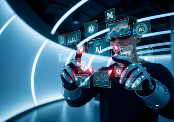 Man in VR headset and cyber gloves interacting with glowing AI data interfaces in a futuristic environment