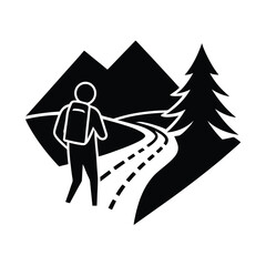 Hiker with backpack on a mountain trail next to a tree