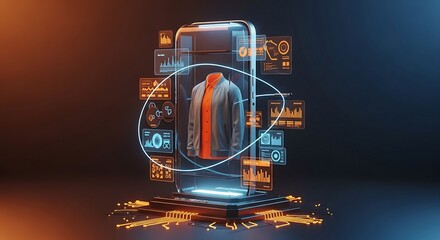 Virtual Try-On: Futuristic E-commerce Fashion Tech, AI-Powered Shopping Experience, 3D Clothing Model on Smartphone.