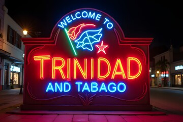 Welcome to Trinidad and Tobago – carnival-inspired neon sign on Port of Spain streets, ultra HD.