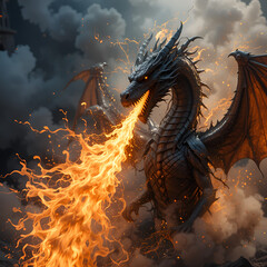 Black dragon breathing fire wings claws