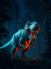 Tyrannosaurus Rex is roaring in pine forest at night time . Created by  .