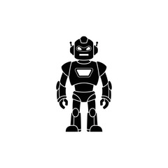 A black and white illustration of a robot standing upright with a rectangular chest and humanoid features.