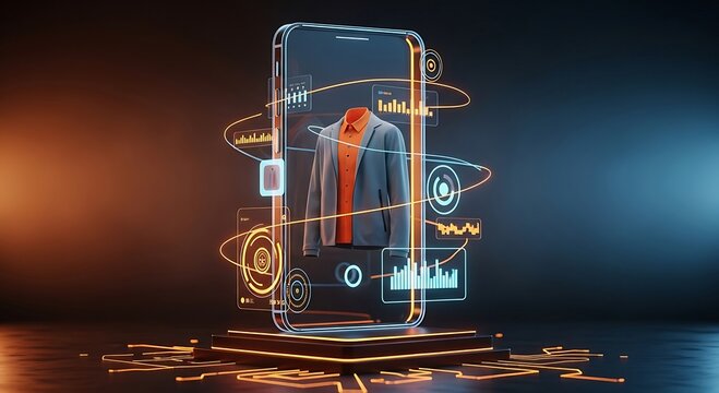Futuristic Mobile Clothing App: Virtual Try-On & Data Analysis.