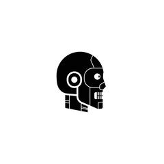 Black and white graphic illustration of a robot head in profile, featuring a skull and mechanical details.