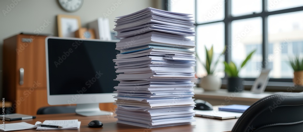 Poster cluttered workspace with a large stack of documents beside a computer.