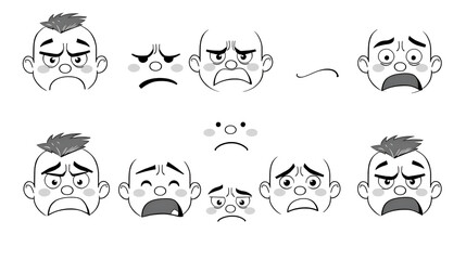 Expression Sheet of Cartoon Faces Showing Various Negative Emotions in Black and White